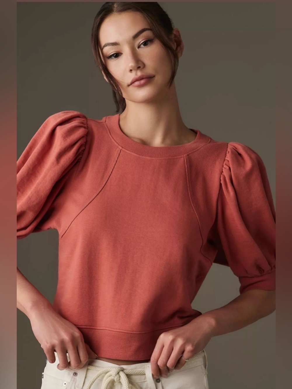 Anthropologie Maeve Puff Sleeve Short Sleeve Sweatshirt Red Size Medium
